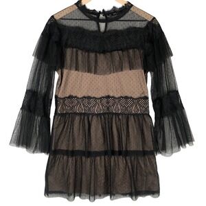 ZARA Mini Dress Sz M Black Tiered Lace Tulle Ruffle Whimsigoth Layered Lined‎